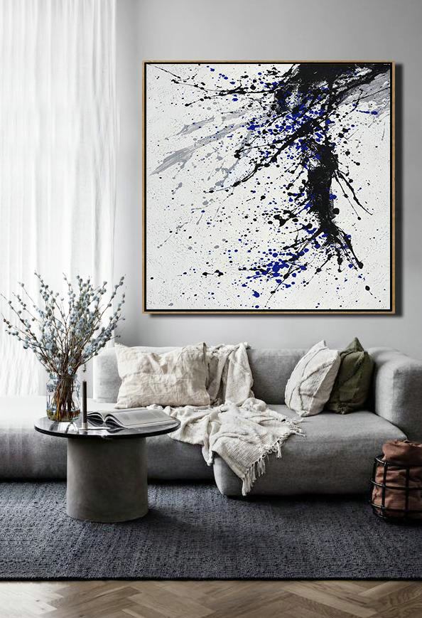 Abstract Painting Extra Large Canvas Art,Minimalist Drip Painting On Canvas, Black, White, Grey, Blue - Hand-Painted Contemporary Art